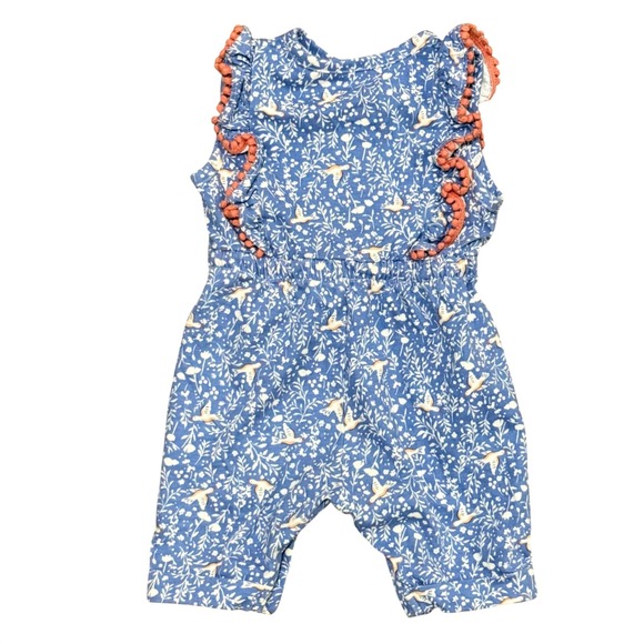 Baby Boden Bird Floral Romper Jumpsuit Baby Girls 0 3 Months Blue Pom Pom - Picture 3 of 3